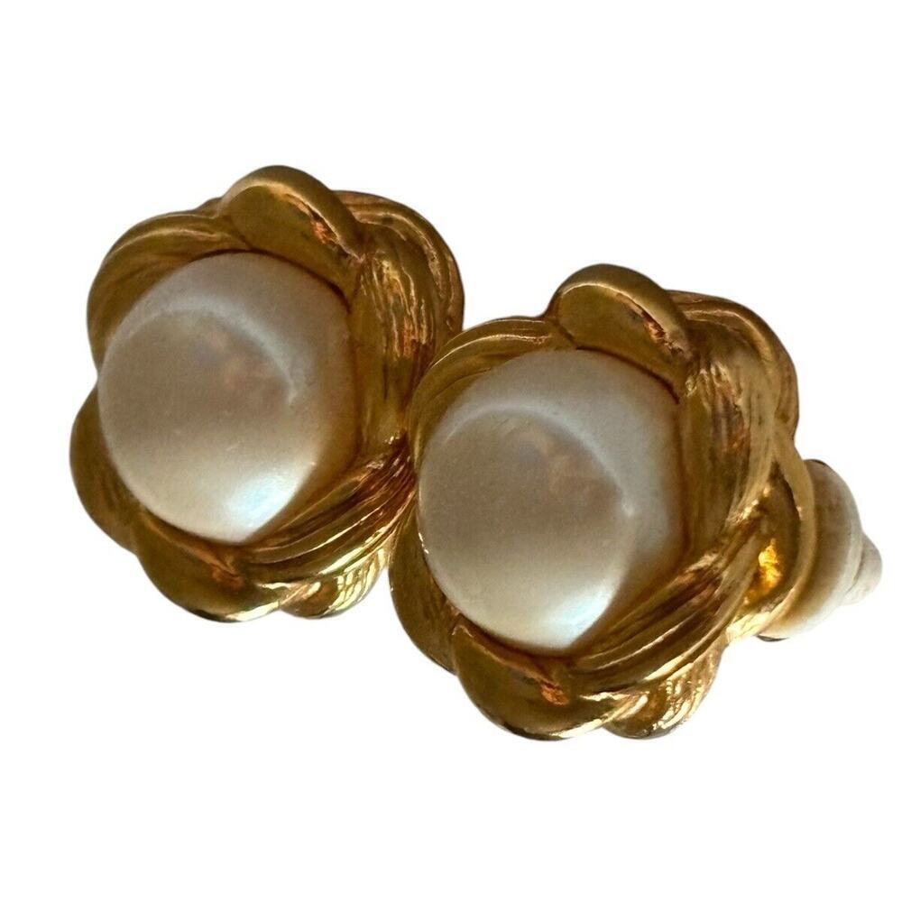 Braided Brushed Gold Tone Framed Pearl Clip On Earrings with Cushion Backs - Picture 6 of 7